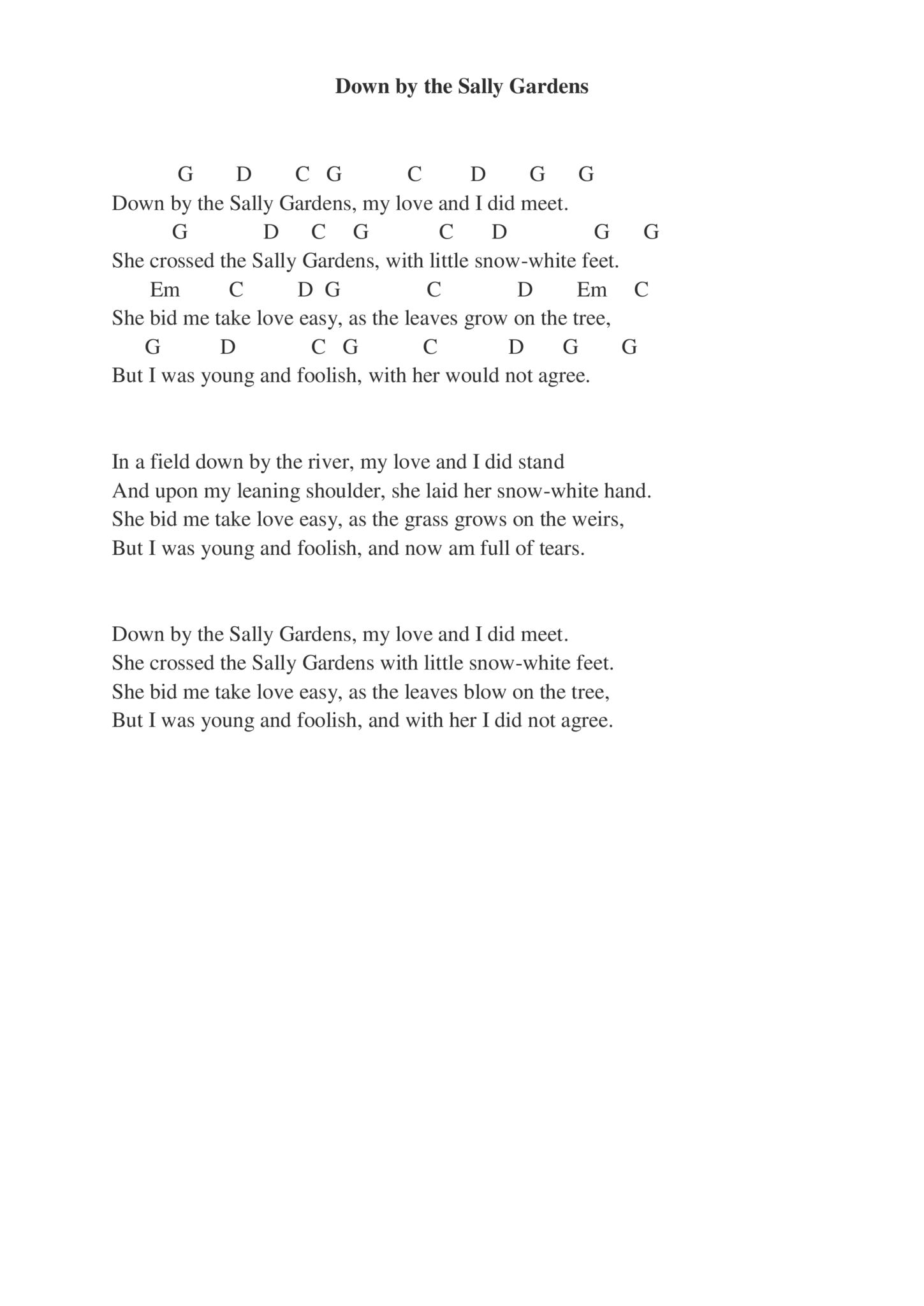 Down by the Sally Gardens lyrics/chords